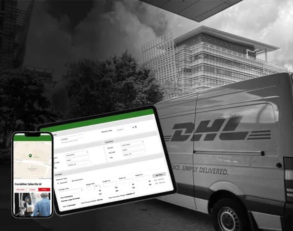 Smartphone and laptop screens showing the backend dashboard developed by BeeReal for DHL.
