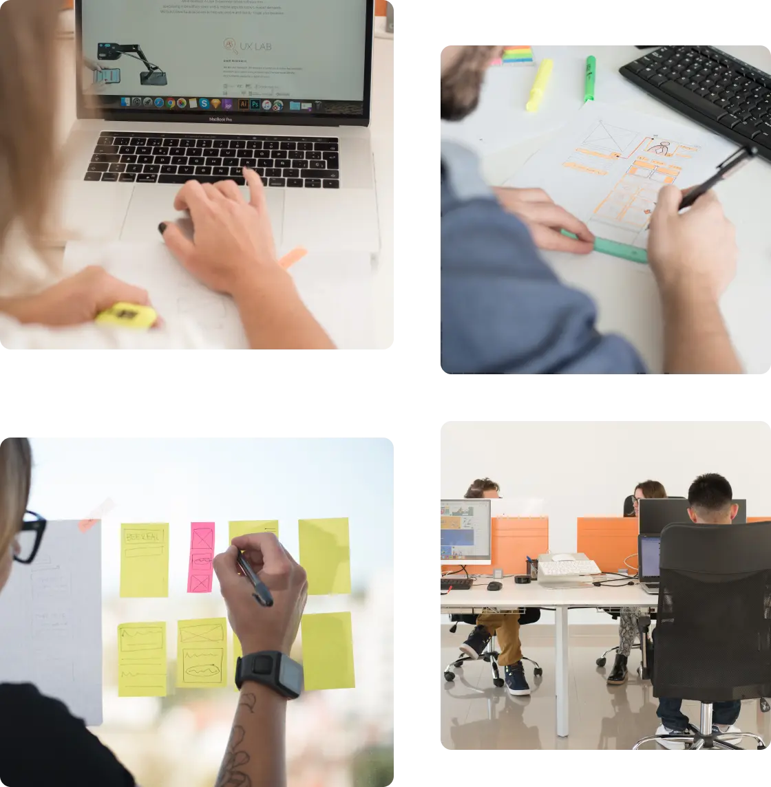 Office workflow collage: web design, prototyping, and team collaboration.